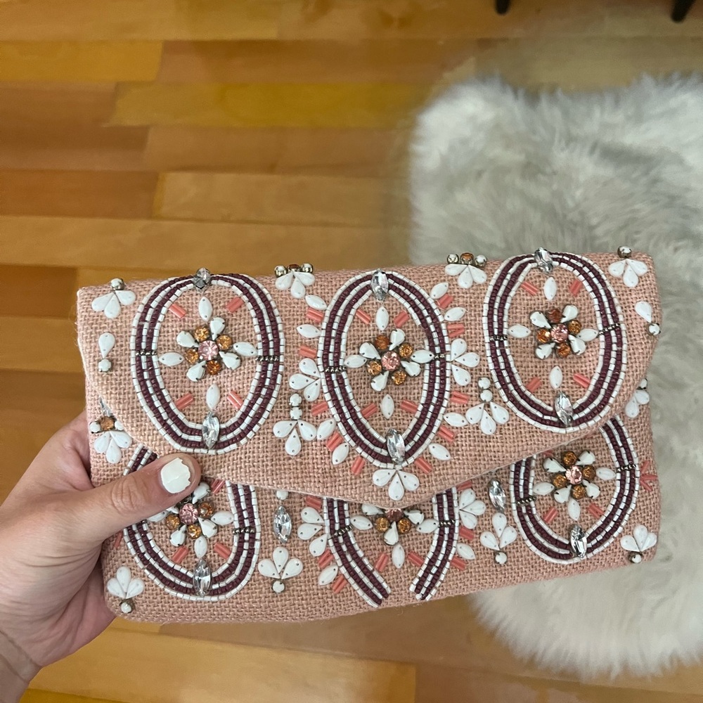 Pink beaded envelope clutch bag